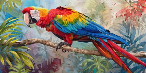 Fototapeta premium Scarlet macaw perched on a tree branch set against an artistic, colorful tropical background