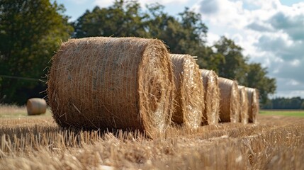 Spherical hay bales scattered across a harvested agricultural field on a bright sunny day