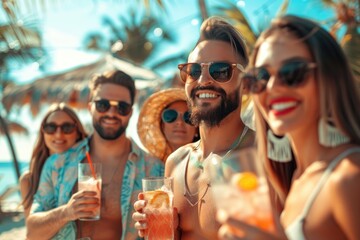 Obraz premium Group of friends drinking cocktails at party on luxury resort. Summer vacation concept.