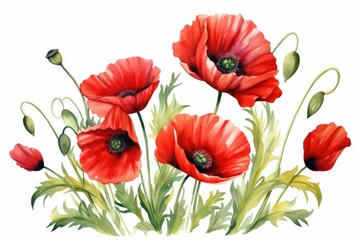 Fototapeta premium Watercolor painting of red poppies on white background.