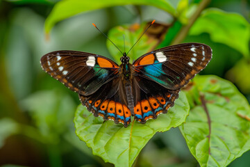 Fototapeta premium Beautiful black, yellow and orange butterfly rests among the foliage of a garden
