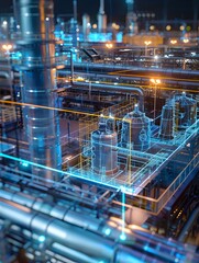 Illustration of Creating digital replicas of physical assets to simulate, predict, and optimize plant operations. Ai Generate.