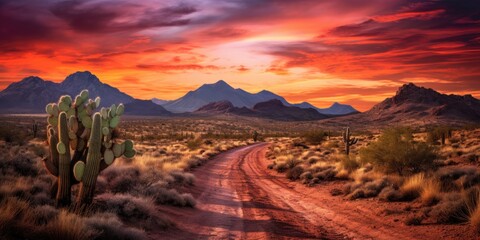 Wild West Texas desert landscape with sunset with mountains and cacti.