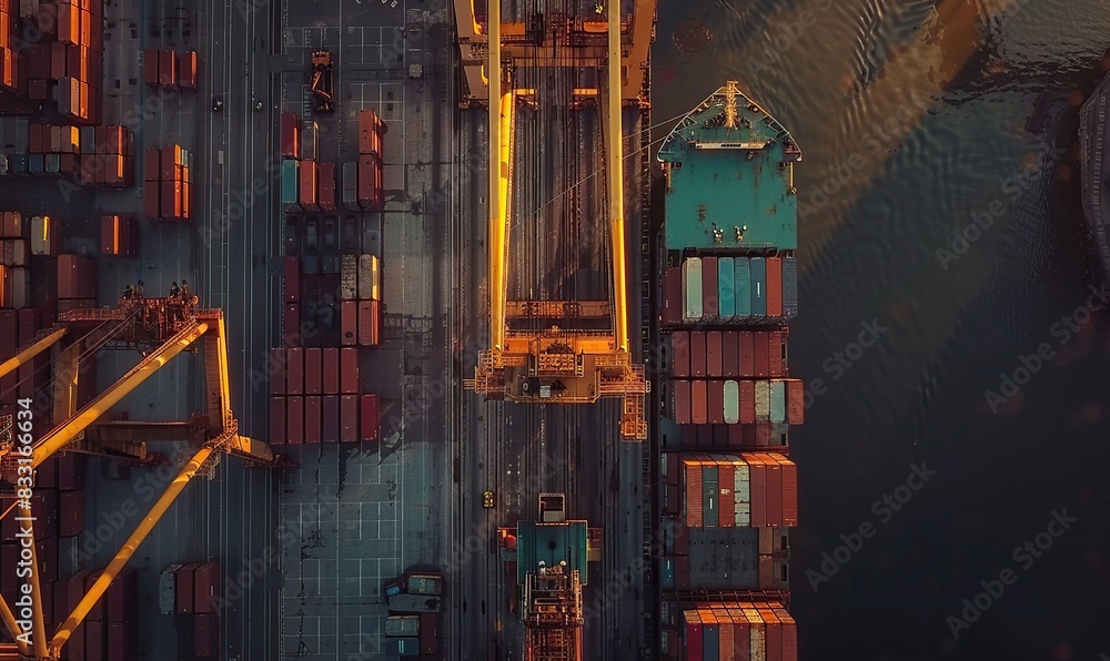 Poster Aerial view of Container ship loading and unloading. Seaport for the international order concept.