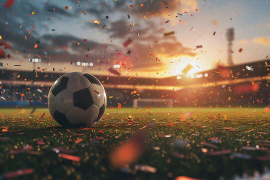 Fussball Feld mit Ball und Konfetti im Stadion bei Sonnenuntergang