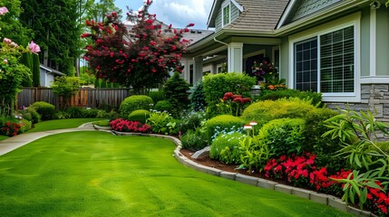 Fototapeta premium a beautiful lawn view with evergreen shrubs outside a house