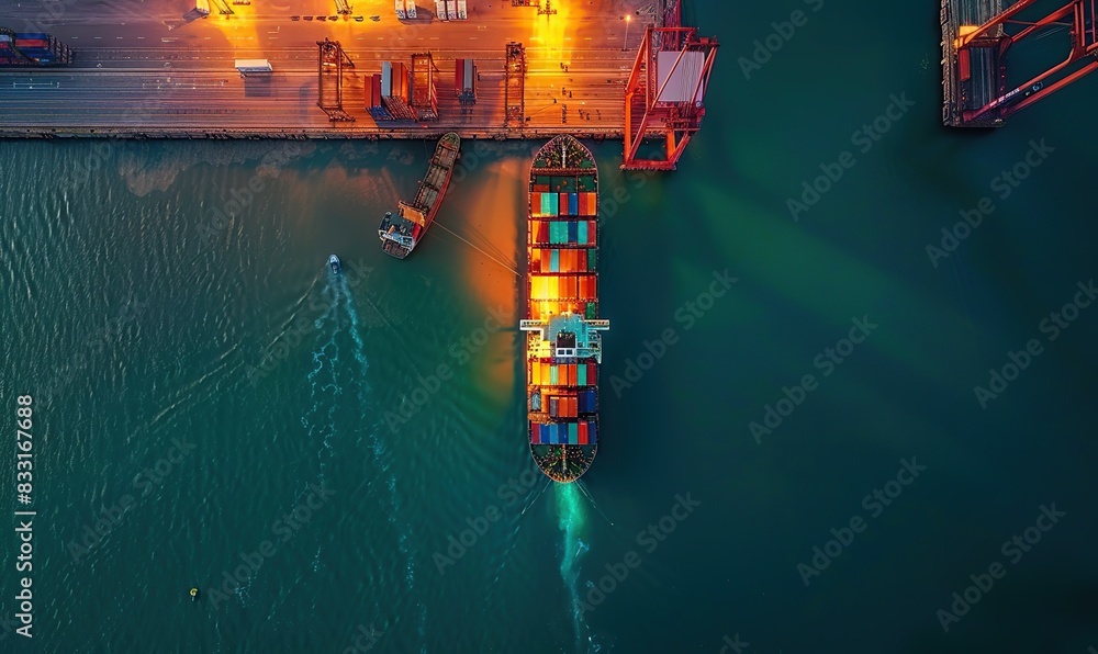 Aufkleber aerial view of a container ship loading cargo at a port for business logistics and transportation.
