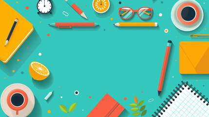 Fototapeta premium Creative workspace flat lay with office supplies, coffee, citrus slices, and plants on teal background. Perfect for productivity and design themes.
