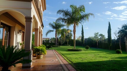 Obraz premium an elegant view of palm tree in the lawn of a house