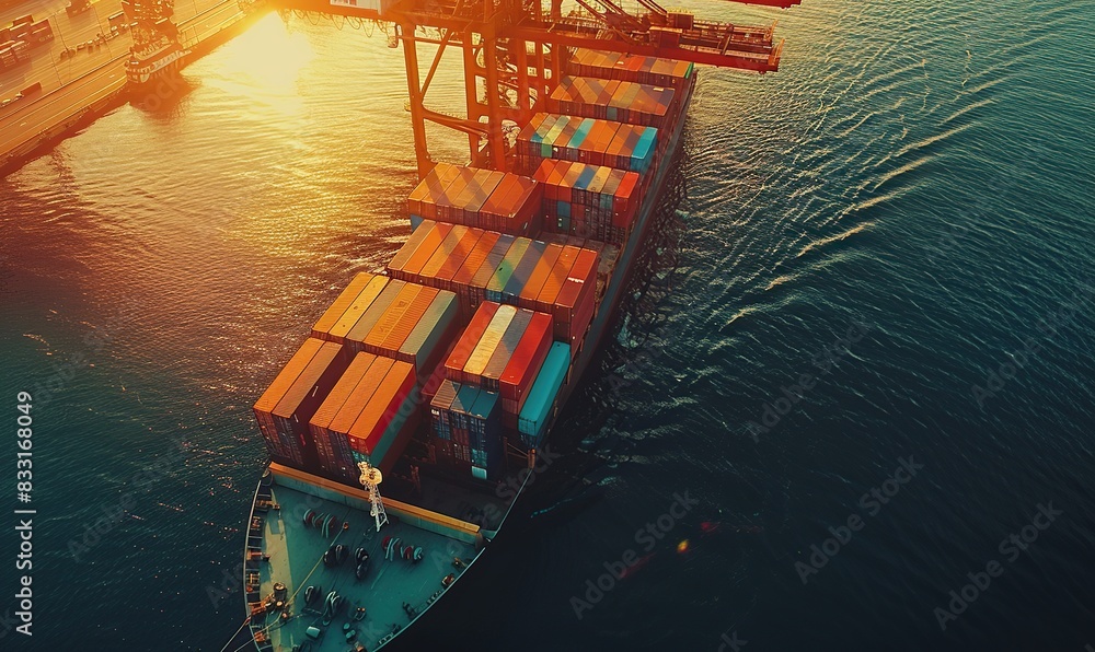 Poster Aerial view of a container ship loading cargo at a port for business logistic operations and commercial trade.