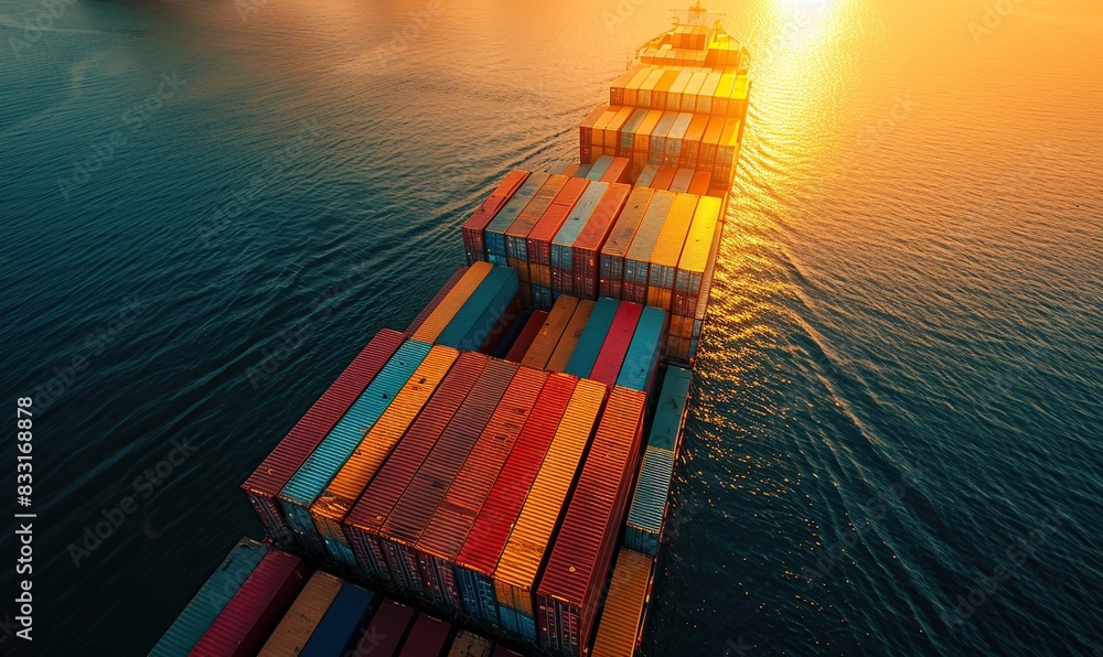Poster Aerial view of a container ship loading cargo at a port for business logistic operations. A sunny day with sunset light.