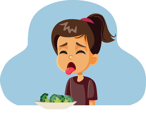 Girl Feeling Disgusted with Broccoli at Mealtime Vector Illustration. Fussy eater unhappy with the taste of veggies 
