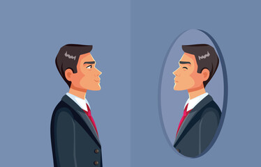 Man Faking Being Happy Looking in the Mirror Vector Illustration. Stressed manager feeling unsuccessful and failing 
