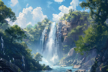 waterfall cascading down a rocky cliff in the middle of a lush green forest