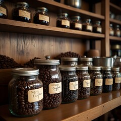 A selection of coffee beans from around the world in labeled glass jars on a shelf
