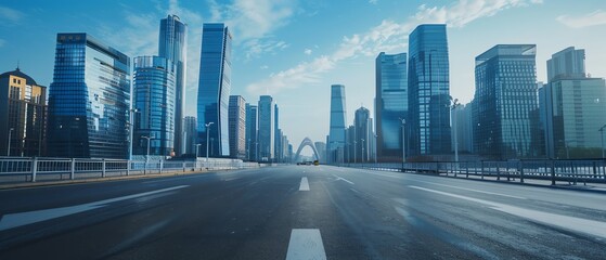 Fototapeta premium Beautiful hightech buildings in a futuristic Beijing, empty road, bright blue sky, 4K HD, dynamic, Composite, advanced metropolis backdrop