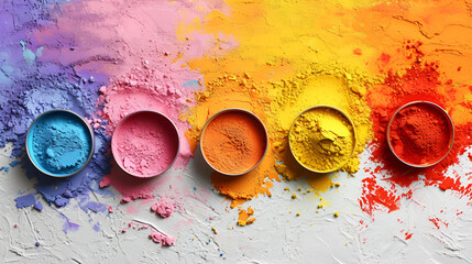  Colorful paint splatters on white canvas.
