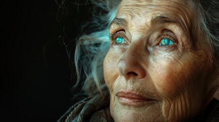 Obraz premium older woman with a contemplative expression, her wise eyes gazing into the distance as she reflects on a lifetime of memories 