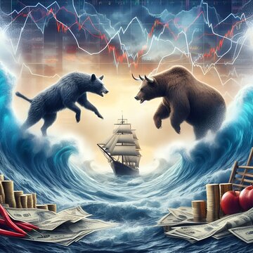 bull and bear fighting in stock market charts at sea