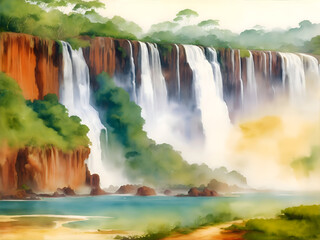 Iguaçu National Park Brazil Country Landscape Watercolor Illustration Art	