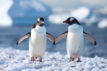 Playful penguins waddling on a snowy beach with icebergs