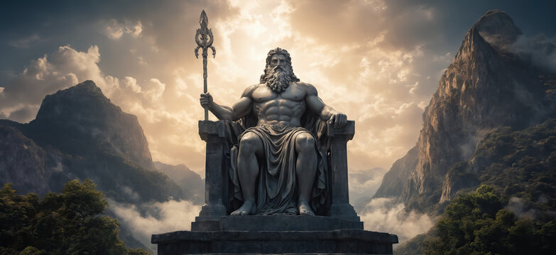 The majestic Statue of Zeus sits enthroned atop the craggy peak of Mount Olympus, Generative AI	