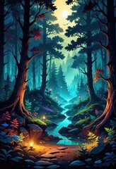Create a photorealistic image of a fairytale fantasy forest at night