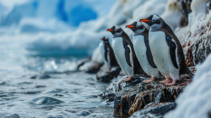 A Contemporary Animals of Penguins Waddling On Ice Floe On Blurry Background