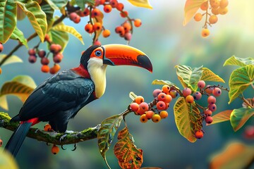 Playful toucan perched on a branch with colorful berries - Powered by Adobe