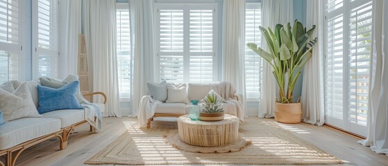  A Coastal Style Home features white plantation shutter windows