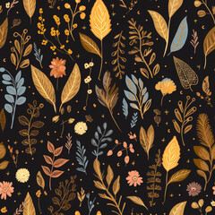 Seamless pattern featuring colorful crayon wildflowers and elegant gold leaves on a rich, vintage earth theme