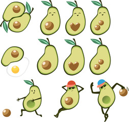 Vector illustration avocado in cap playing bowling with its own bone and football. An avocado with a leaf has a heart instead of a seed. Culinary ying yang with fried scrambled eggs and avocado.