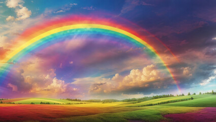 Obraz premium This image shows a rainbow over a field of red and yellow flowers