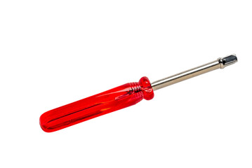 Socket wrench screw driver with red handle, metal hex nut key, hand tool screwdriver, with accessories isolated on white background
