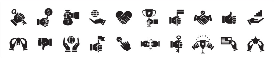 Business icons. Entrepreneurship icon set. Success business symbol collection. included icon of trophy, profit, money bag, hand holding key, handshake, achievement. Vector flat isolated in white.