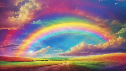 Naklejka premium This image shows a rainbow over a field of red and yellow flowers