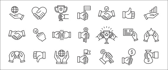 Business icons. Entrepreneurship icon set. Success business symbol collection. included icon of trophy, profit, money bag, hand holding key, handshake, achievement. Vector isolated in white.