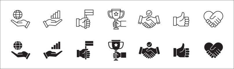 Business insight icon set. Entrepreneurship icons. Success symbol collection. Included icons of reward, profit, trophy, global market, hand holding key, medal, agreement . Vector isolated on white.