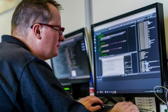 Professional Photography of an IT consultant analyzing code and debugging software for a client project, Generative AI 