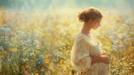 Pregnant woman in a field of wildflowers at sunset