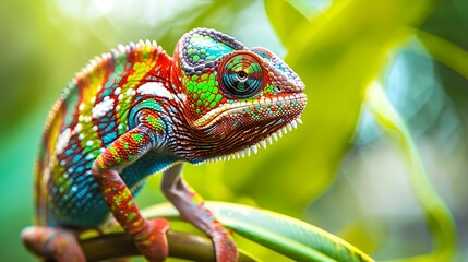 Close up of colorful chameleon on the green branch. Animal theme background.