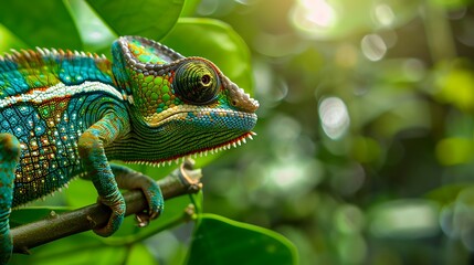 Obraz premium Close up of colorful chameleon on the green branch. Animal theme background.