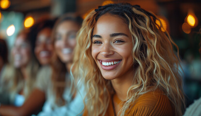 Fototapeta premium portrait of a beautiful smiling african american woman sitting in a meeting