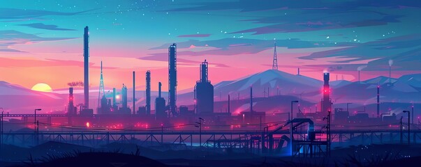 Fototapeta premium A picturesque scene of a gas plant at dusk