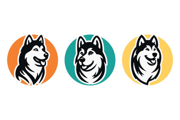 Dog logo template. Siberian husky dog silhouette head in round shape. Illustration icon design on vector white background. For brand, animal pet, t-shirt, dog club, pet shop, grooming, dog lover