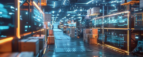 Fototapeta premium A warehouse scene filled with shipping boxes and a logistics team hard at work