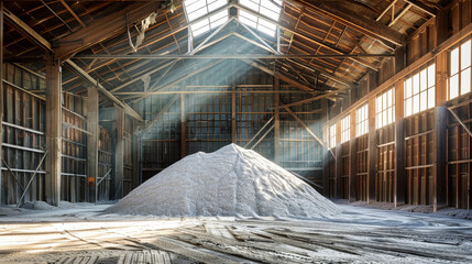 A thick pile of snow has accumulated inside the historic old barn, creating a serene winter scene in a setting once bustling with the mining and processing of potash fertilizers