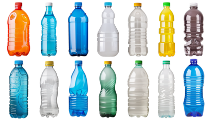 Water drink colorful plastic bottles isolated on transparent white background.