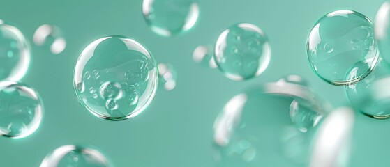 3D render of floating glass spheres or baubbles, pastel green mint color