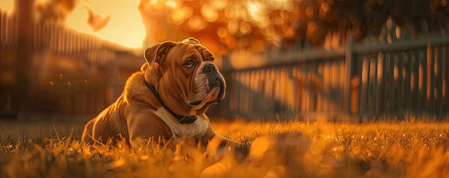 Bulldog lying on grass during sunset, enjoying a peaceful moment in a serene backyard with warm golden light.